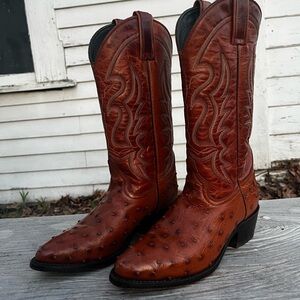 Vtg Durango Premium Exotic Leather Upper/ Ostrich Quill Foot Western Boots, 7B